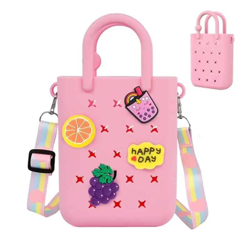 Oudizz Mini Borsa in Gomma, Borsa da Spiaggia Impermeabile in EVA per Bambine, Piccola con Foro in Silicone per Viaggi All'aperto, Simpatica in Gomma con 20 Charms & Tracolla Regolabile