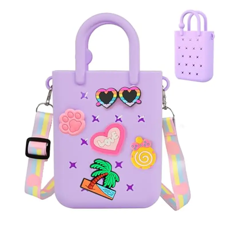 Oudizz Mini Borsa in Gomma, Borsa da Spiaggia Impermeabile in EVA per Bambine, Piccola con Foro in Silicone per Viaggi All'aperto, Simpatica in Gomma con 20 Charms & Tracolla Regolabile
