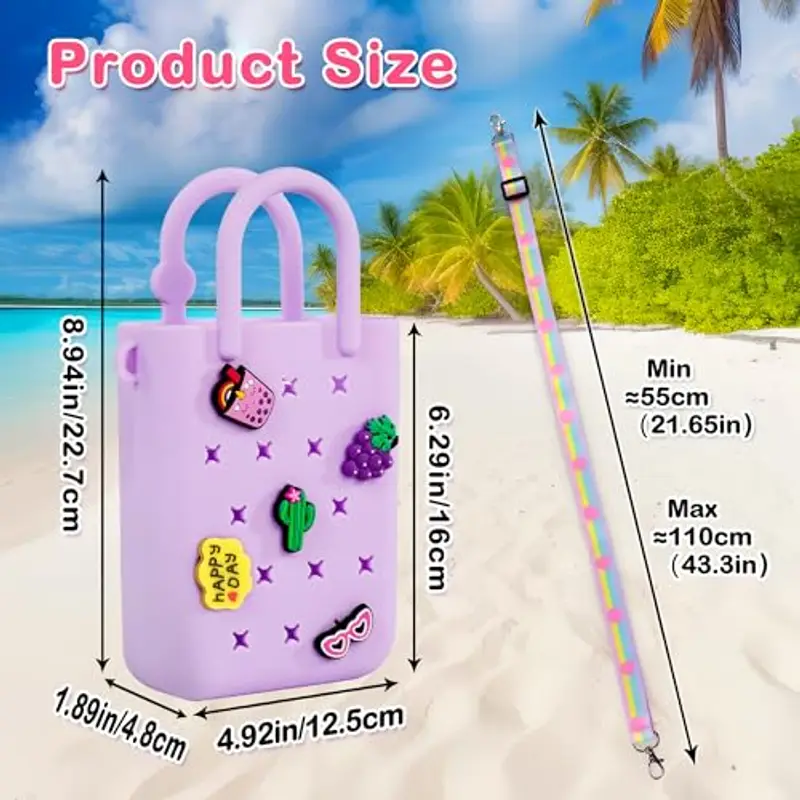 Oudizz Mini Borsa in Gomma, Borsa da Spiaggia Impermeabile in EVA per Bambine, Piccola con Foro in Silicone per Viaggi All'aperto, Simpatica in Gomma con 20 Charms & Tracolla Regolabile miniatura 2