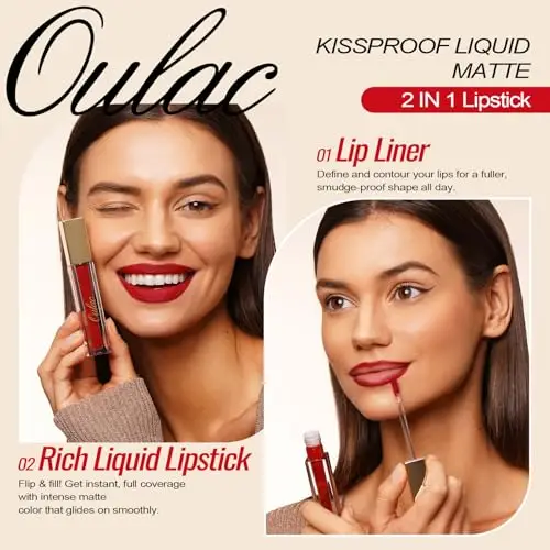 Oulac Rosso Rossetto Liquido Matte, Colore Intenso, Tinta Labbra Finish Matte, No Transfer, Lunga Tenuta, Ricco di miniatura 2