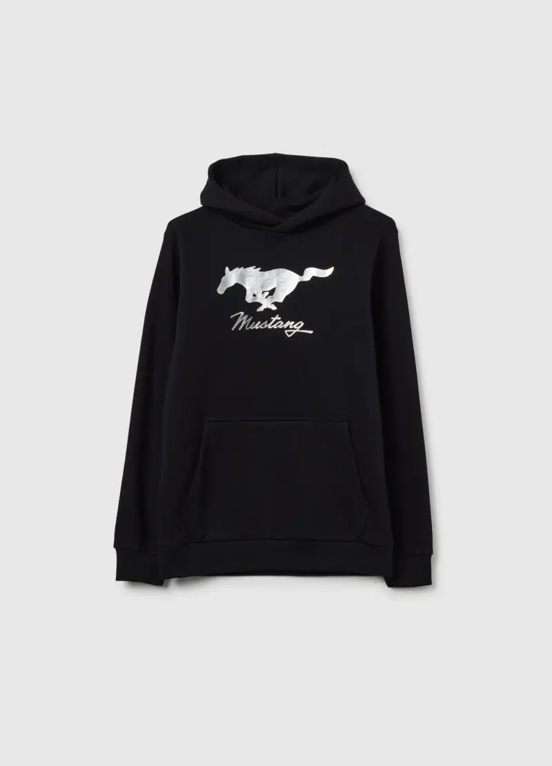 Felpa Nera Con Cappuccio E Stampa Mustang, Unisex, Nero