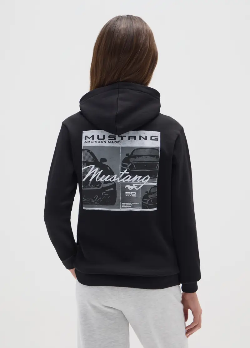 Felpa Nera Con Cappuccio E Stampa Mustang, Unisex, Nero miniatura 2