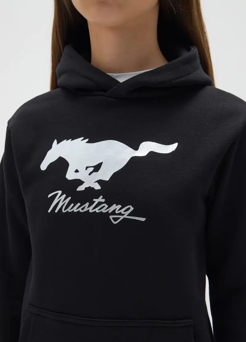Felpa Nera Con Cappuccio E Stampa Mustang, Unisex, Nero miniatura 3