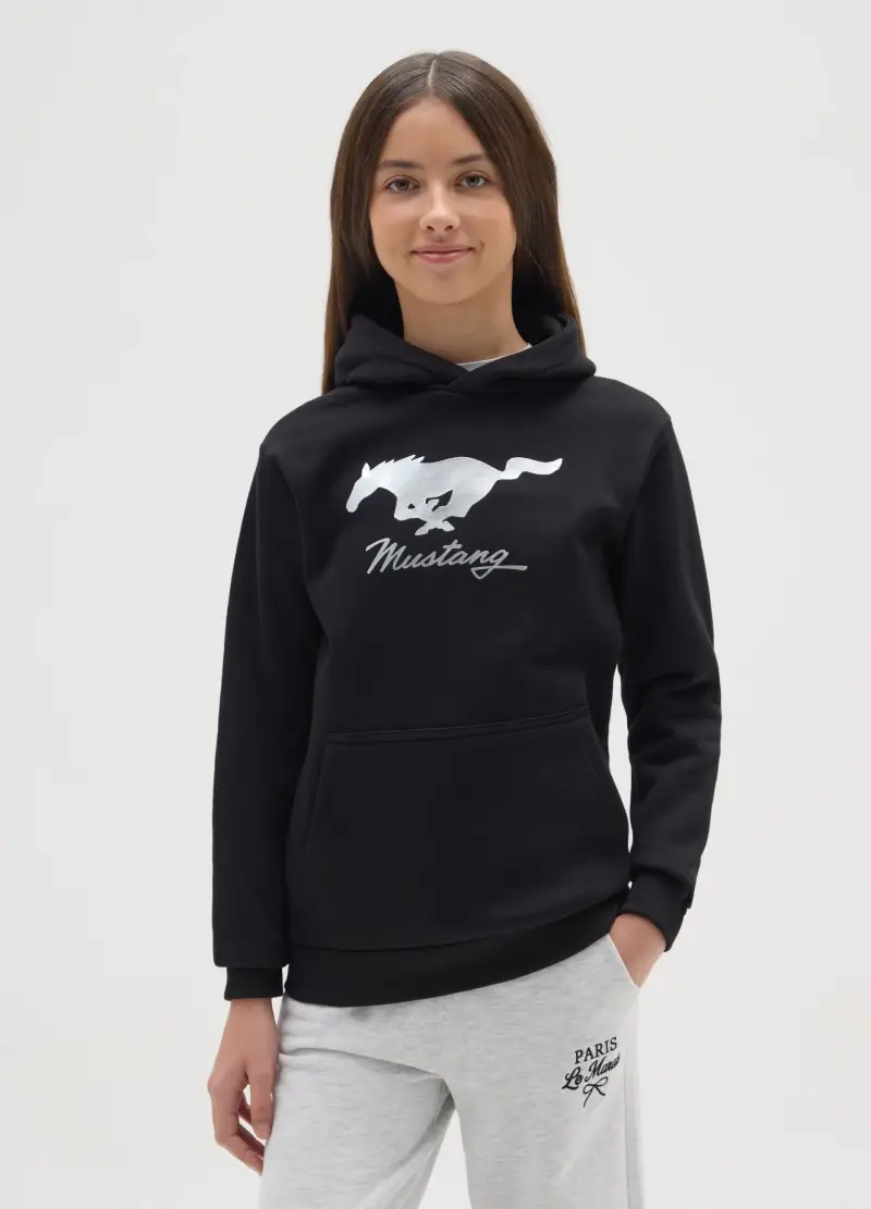 Felpa Nera Con Cappuccio E Stampa Mustang, Unisex, Nero