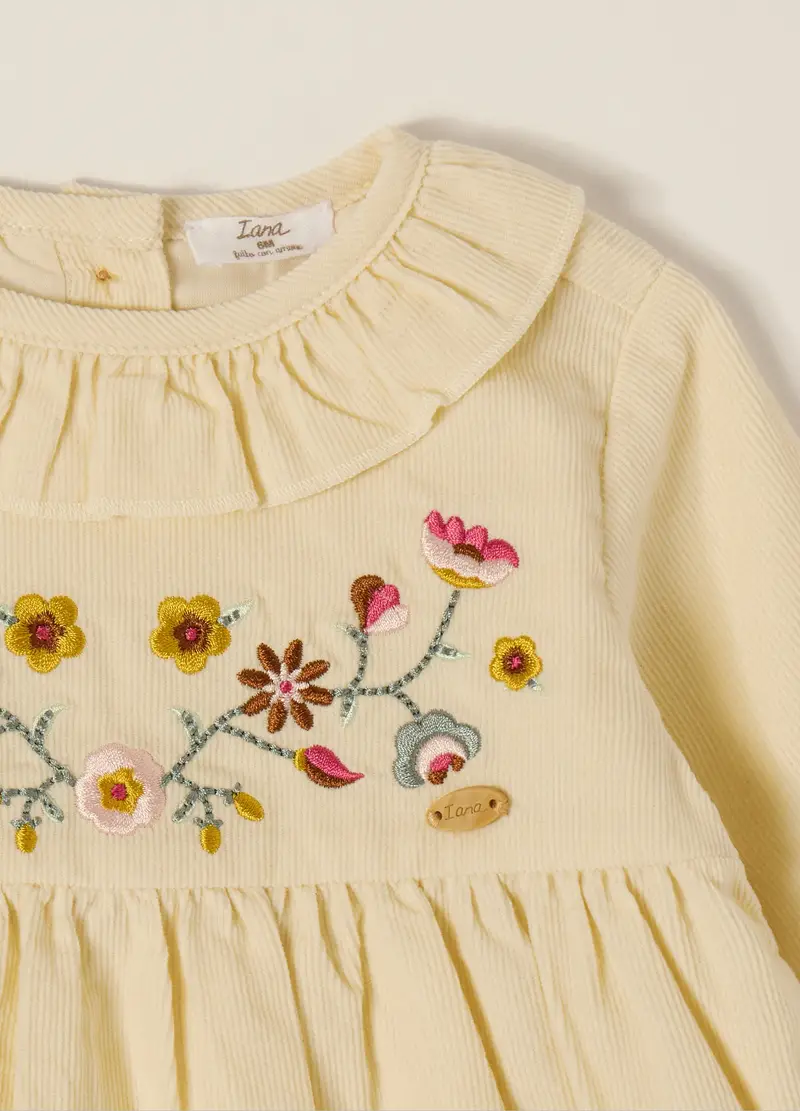 OVS, Abito Beige In Velluto A Coste Con Ricami Floreali, Neonata, Giallo, Taglia: 12 miniatura 2