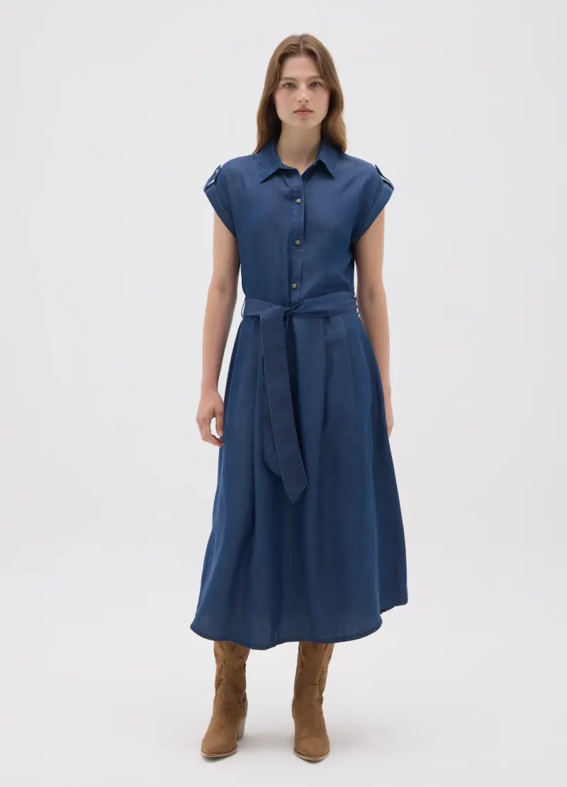 Abito Chemisier Blu Con Cintura, Donna, Blu