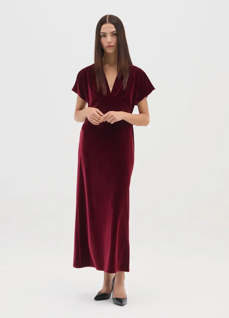 Abito Lungo Bordeaux In Velluto, Donna, Rosso