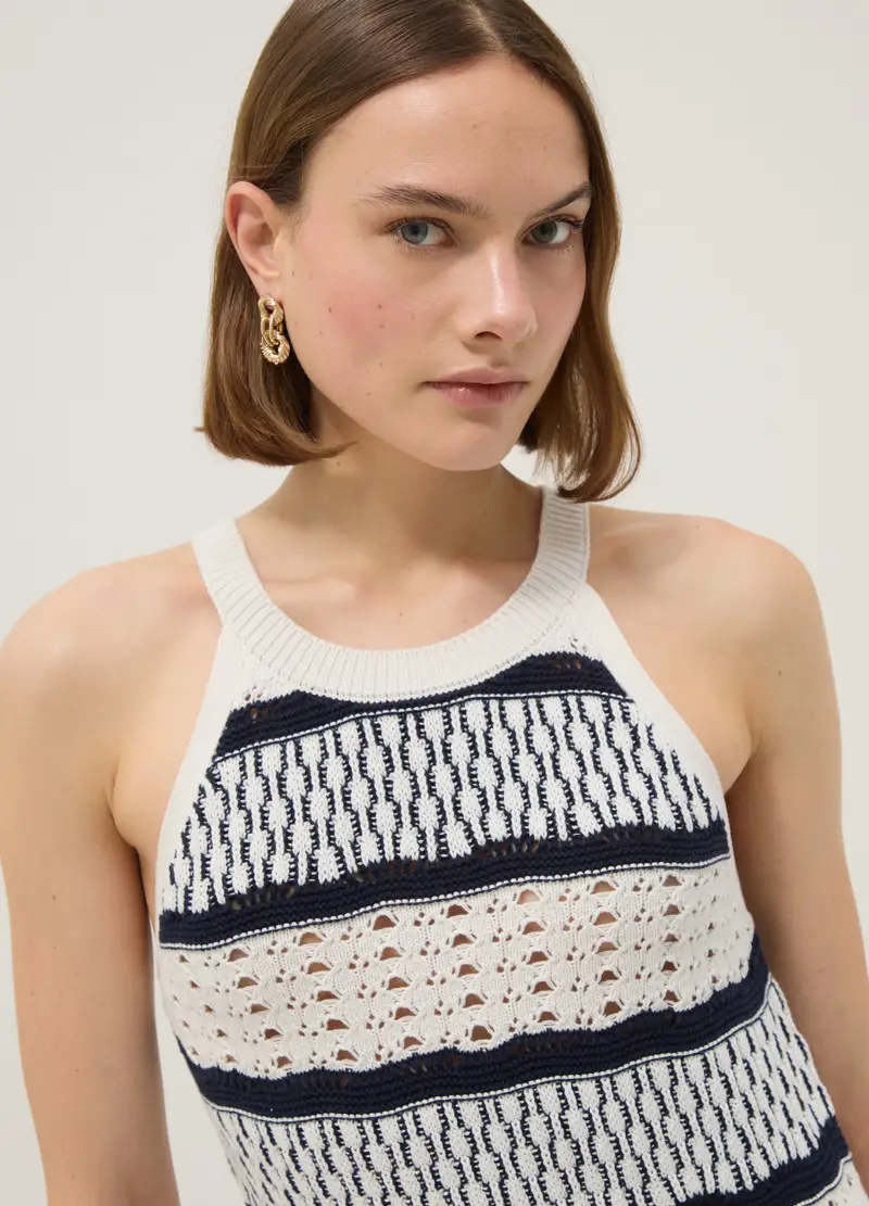 Abito Lungo Fitted Traforato In Puro Cotone A Righe Multicolor, Donna, Multicolor miniatura 2