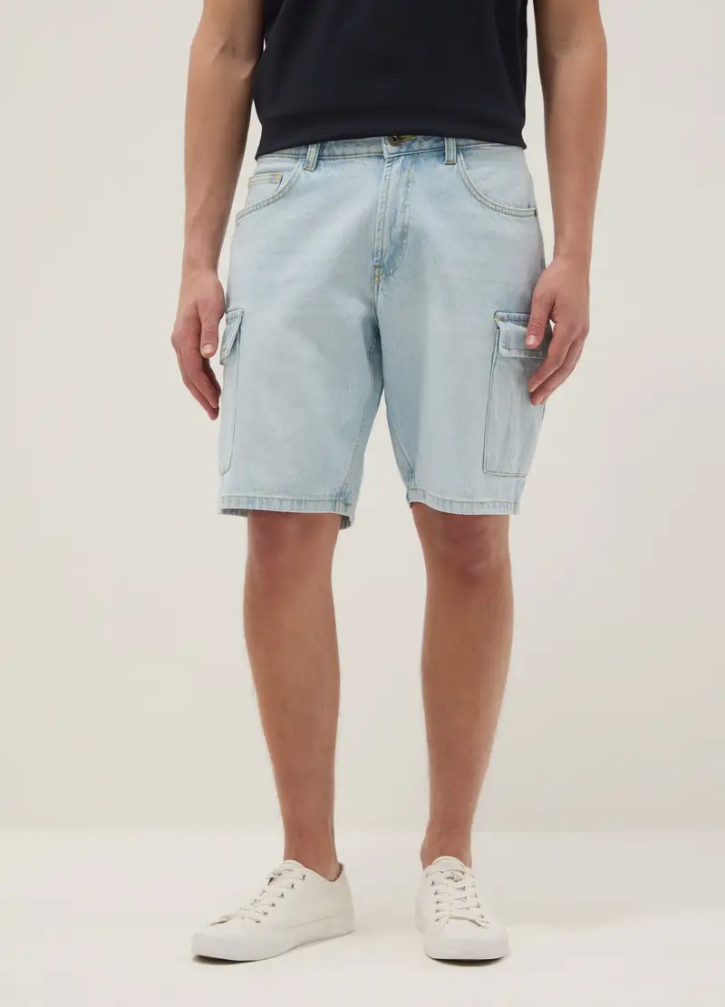 Bermuda In Puro Cotone Denim Azzurro Regular Fit, Uomo, Azzurro miniatura 3