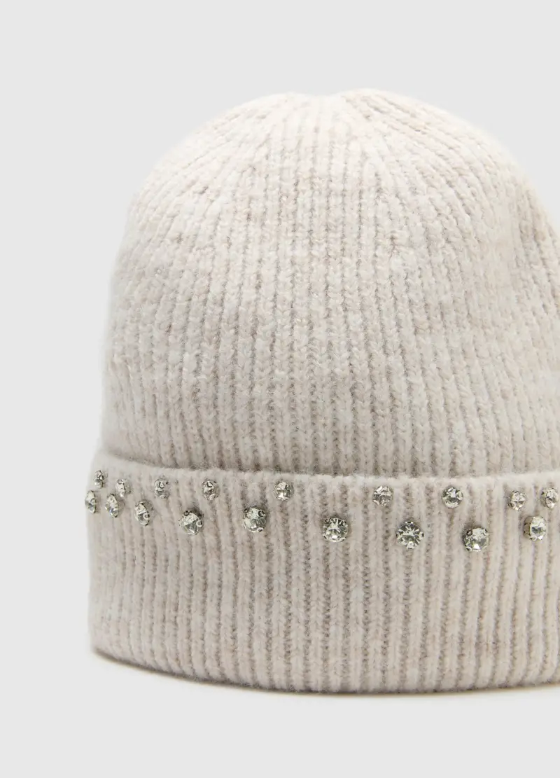 Berretto Beanie A Costine Beige Con Ricami In Strass, Donna, Beige miniatura 3