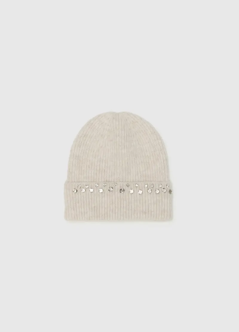 Berretto Beanie A Costine Beige Con Ricami In Strass, Donna, Beige