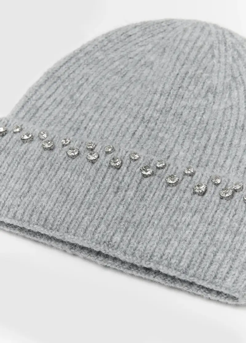 Berretto Beanie A Costine Grigio Con Ricami In Strass, Donna, Grigio miniatura 3