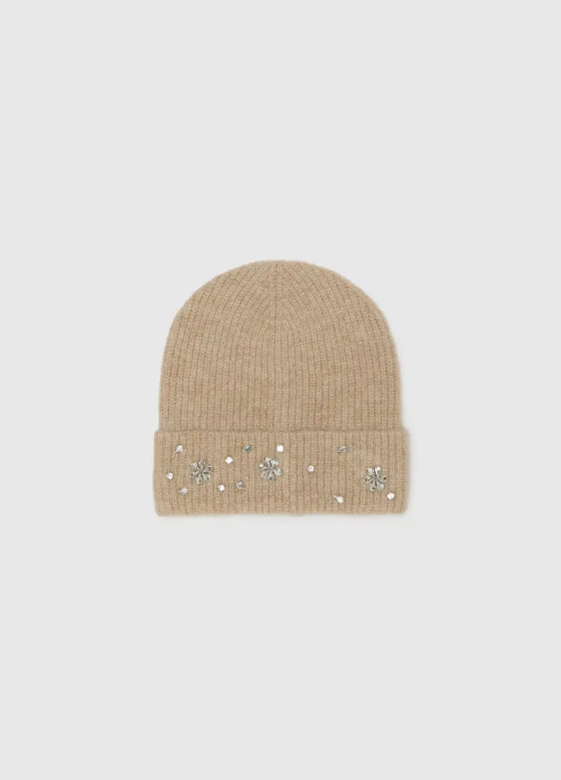 Berretto Beanie Beige Lavorato A Maglia Con Decorazioni, Donna, Beige