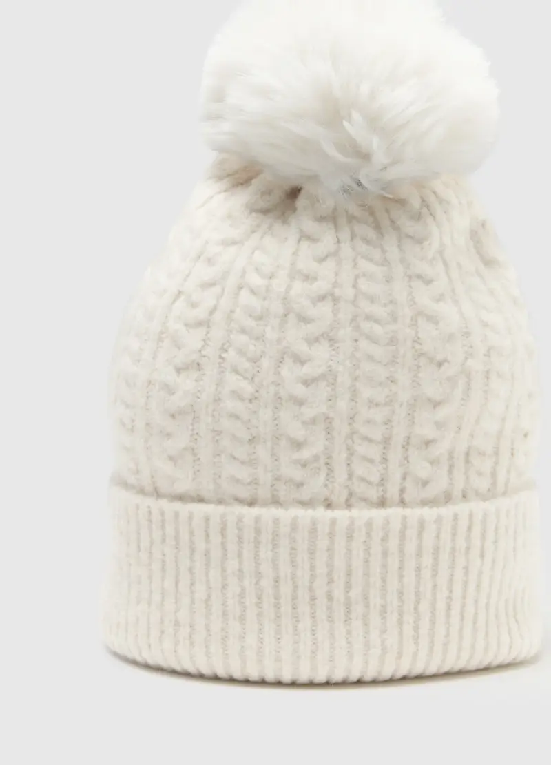 Berretto Beanie Bianco Lavorato A Maglia Con Pompon, Donna, Bianco miniatura 3