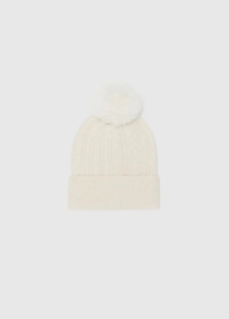Berretto Beanie Bianco Lavorato A Maglia Con Pompon, Donna, Bianco