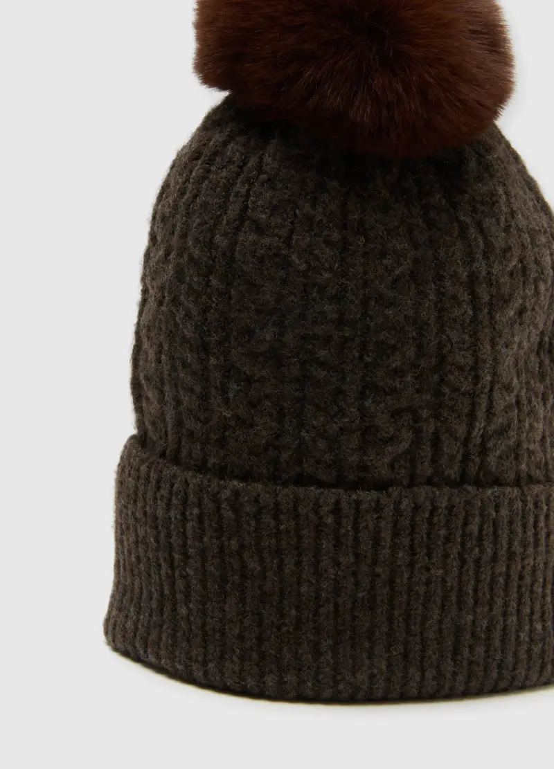 Berretto Beanie Marrone Lavorato A Maglia Con Pompon, Donna, Marrone miniatura 3