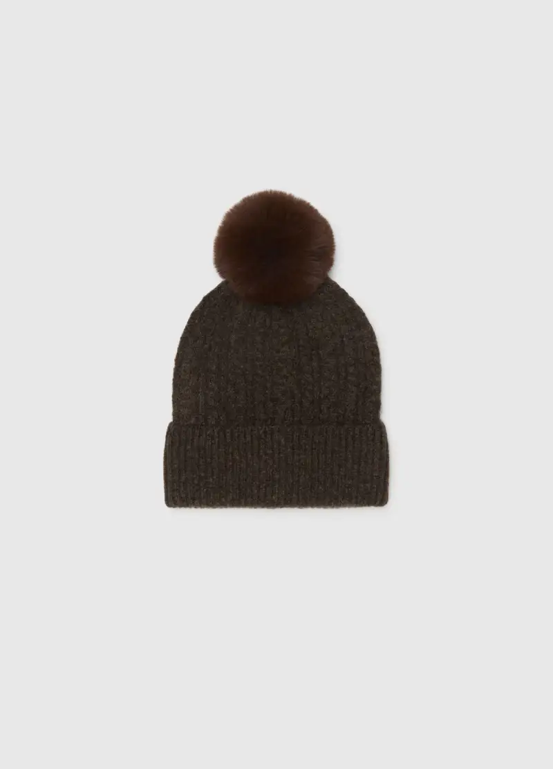 Berretto Beanie Marrone Lavorato A Maglia Con Pompon, Donna, Marrone