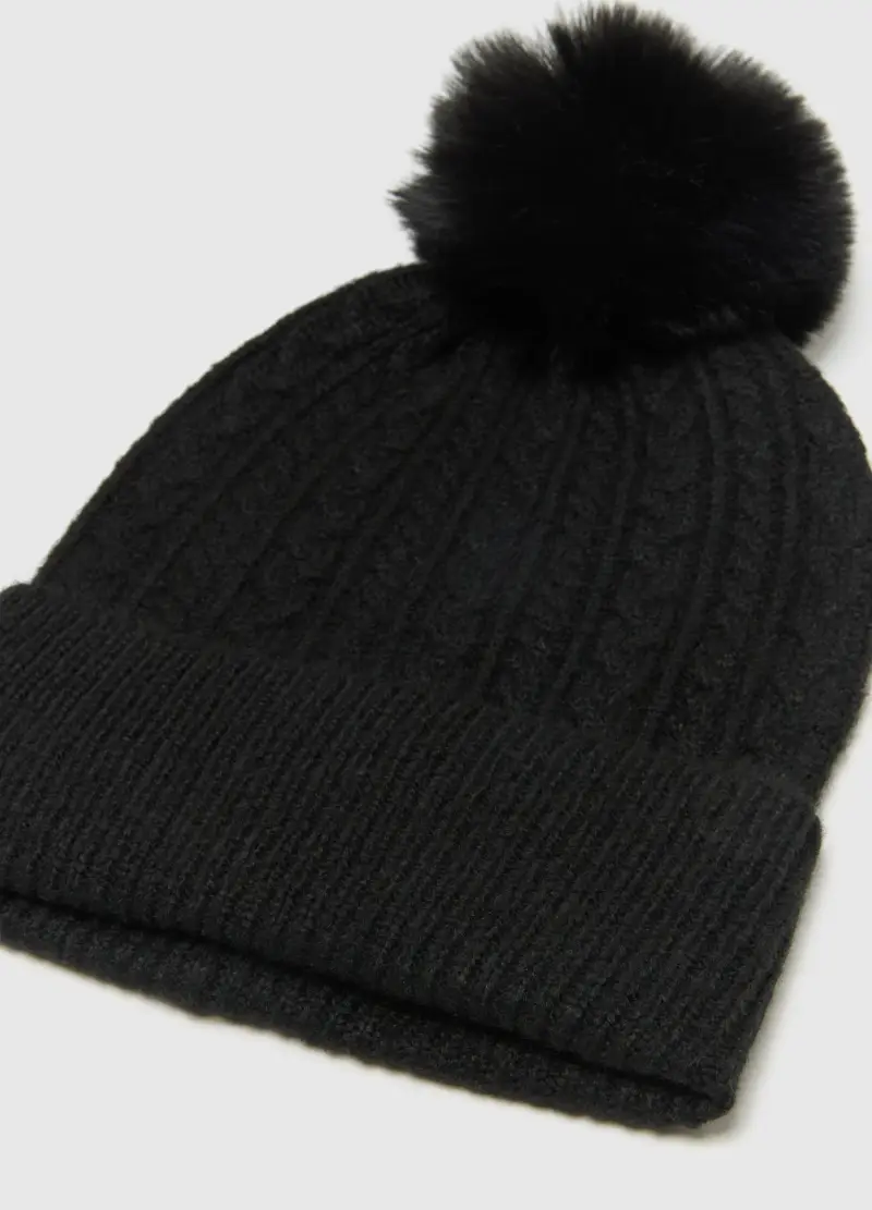 Berretto Beanie Nero Lavorato A Maglia Con Pompon, Donna, Nero miniatura 2