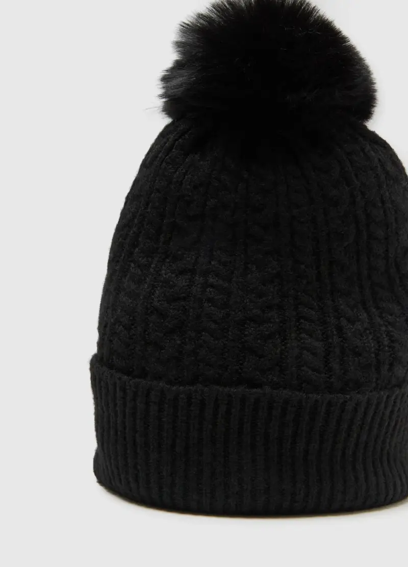 Berretto Beanie Nero Lavorato A Maglia Con Pompon, Donna, Nero miniatura 3
