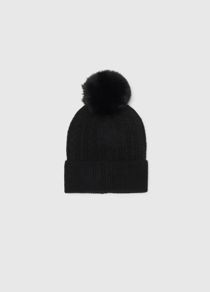 Berretto Beanie Nero Lavorato A Maglia Con Pompon, Donna, Nero