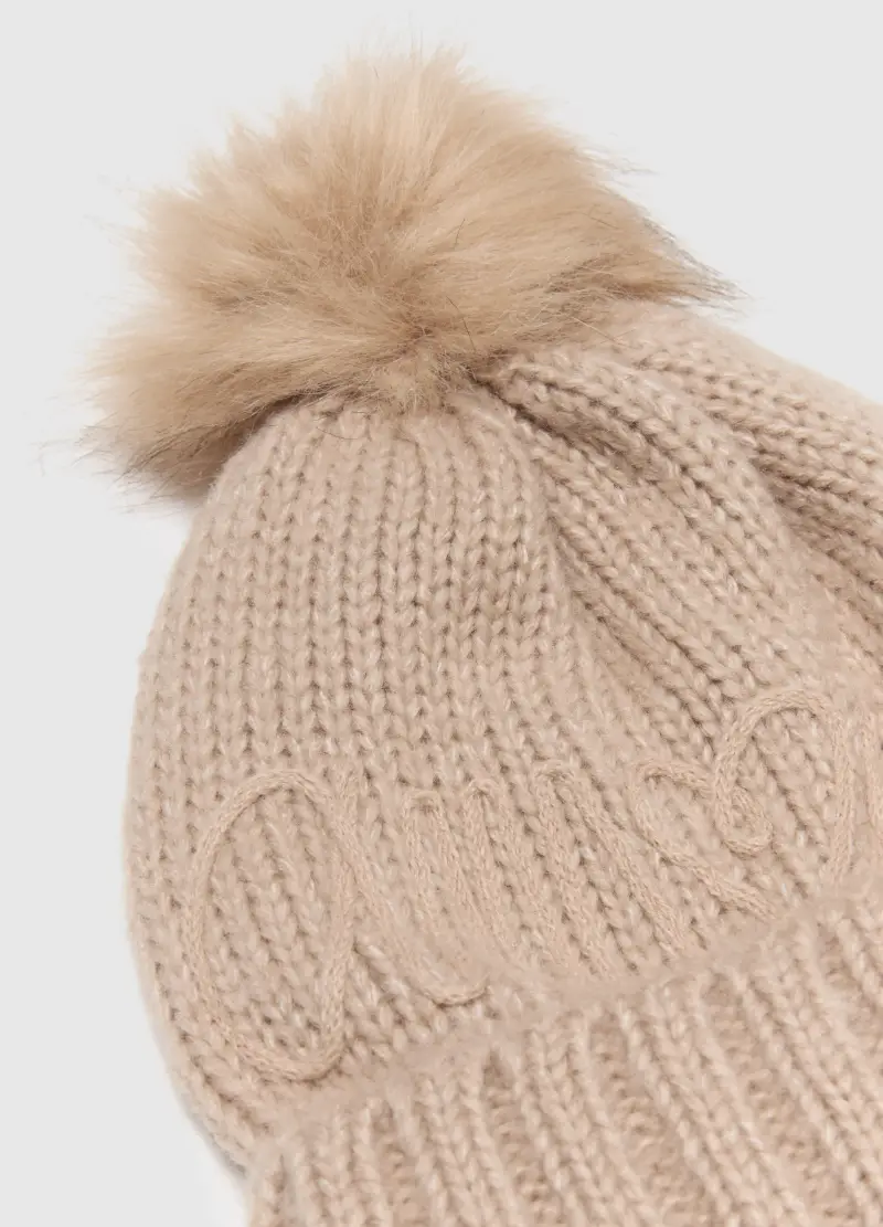 Berretto Beige Con Pompon E Scritta, Donna, Beige miniatura 2