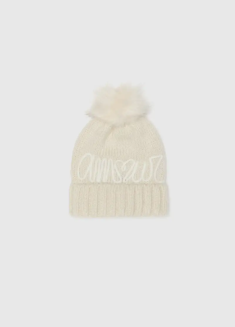 Berretto Bianco Con Pompon E Scritta, Donna, Bianco miniatura 2