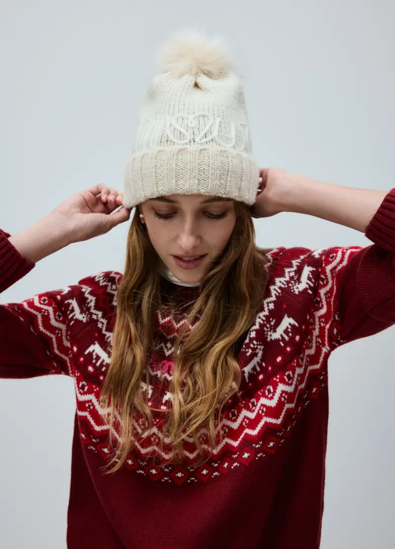 Berretto Bianco Con Pompon E Scritta, Donna, Bianco