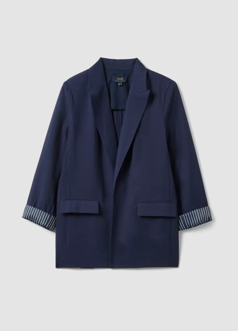 Blazer In Misto Viscosa Blu Regular Fit Con Polsini A Righe, Donna, Blu