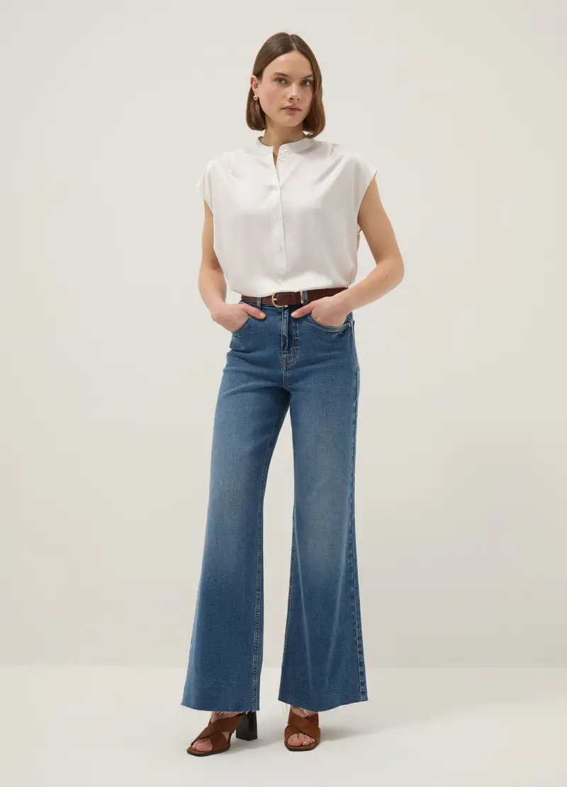 Blusa A Maniche Corte Bianca Regular Fit Con Collo Coreano, Donna, Bianco miniatura 2