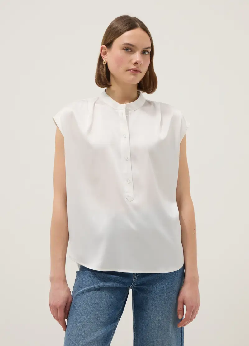 Blusa A Maniche Corte Bianca Regular Fit Con Collo Coreano, Donna, Bianco miniatura 3