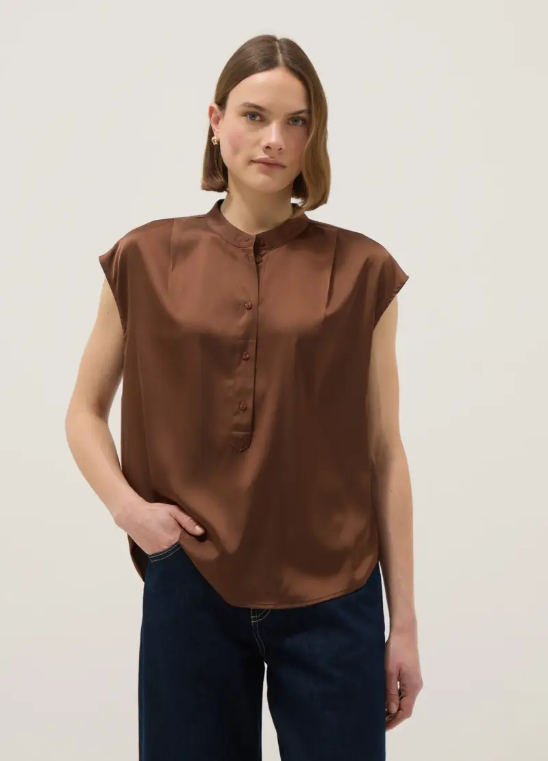 Blusa A Maniche Corte Marrone Regular Fit Con Collo Coreano, Donna, Marrone miniatura 3