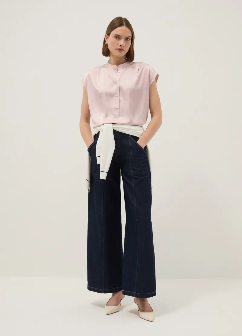 Blusa A Maniche Corte Rosa Regular Fit Con Collo Coreano, Donna, Rosa miniatura 3