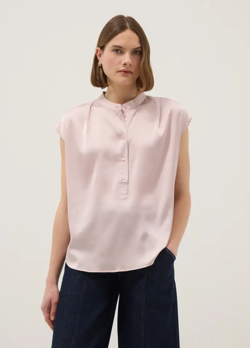 Blusa A Maniche Corte Rosa Regular Fit Con Collo Coreano, Donna, Rosa