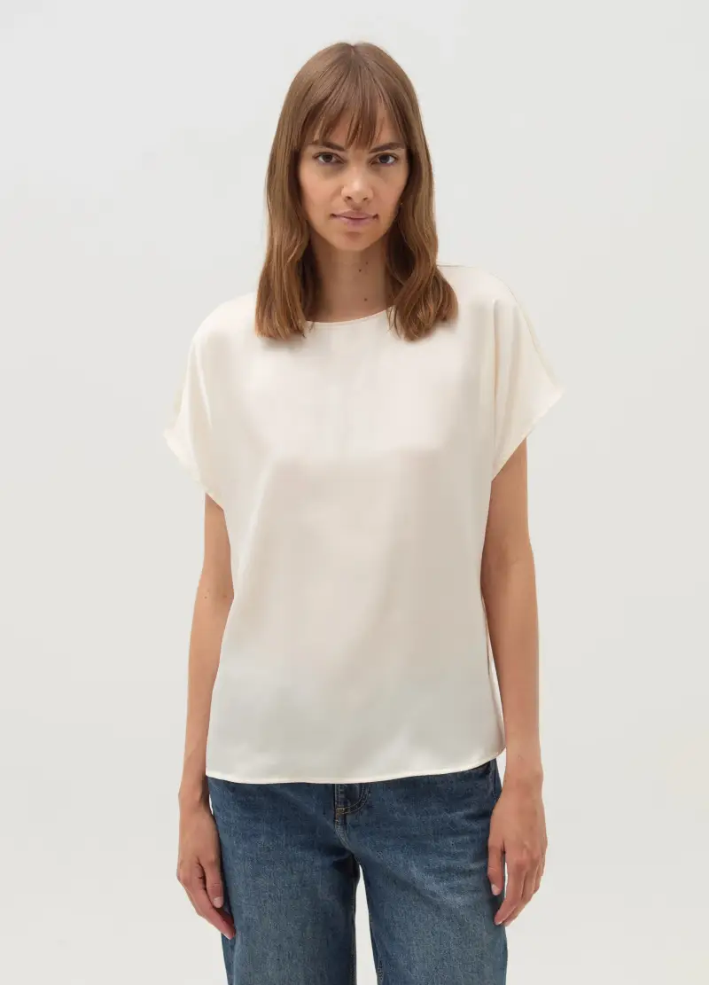 Blusa In Satin Con Maniche A Kimono, Donna, Bianco miniatura 2