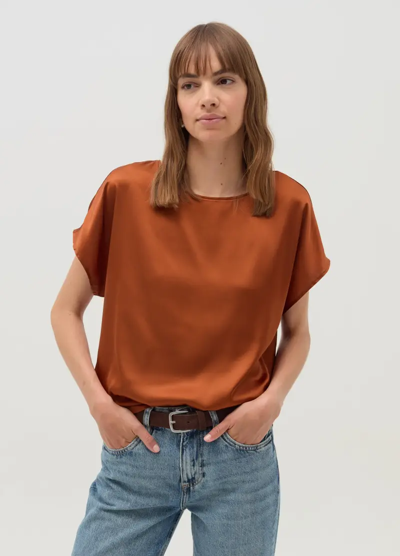 Blusa In Satin Con Maniche A Kimono, Donna, Marrone miniatura 2