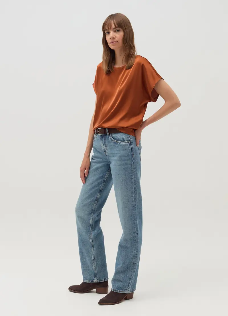 Blusa In Satin Con Maniche A Kimono, Donna, Marrone