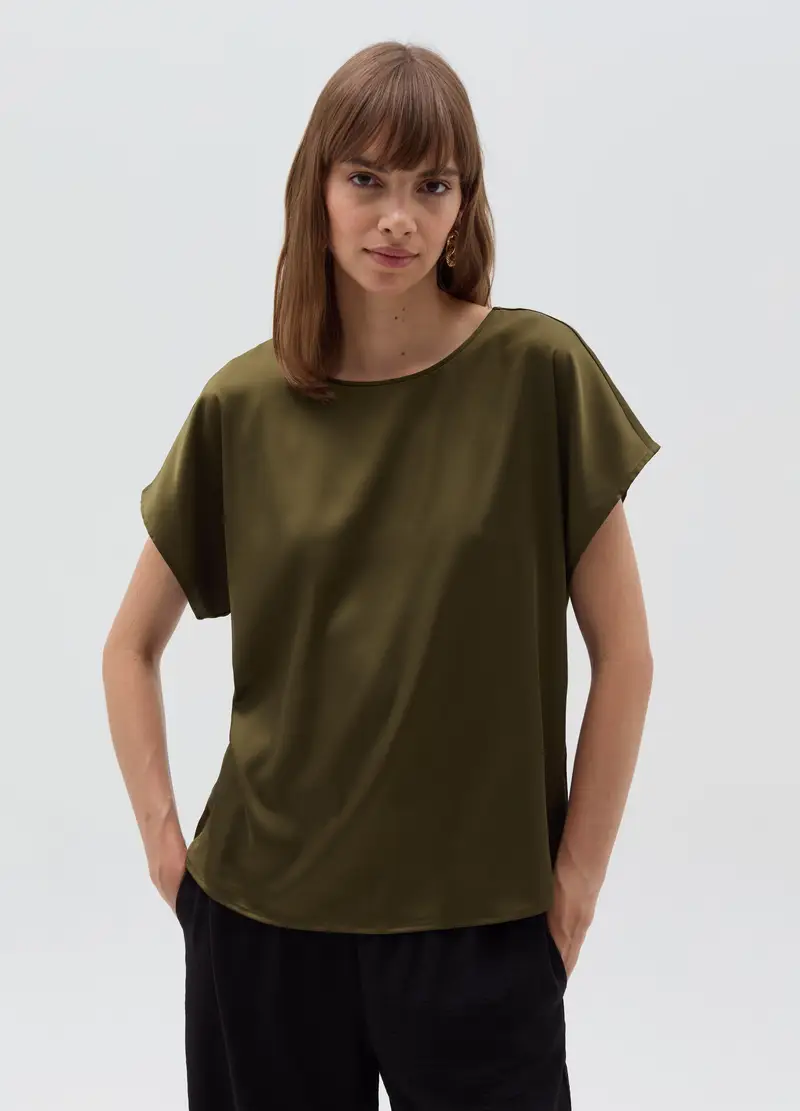 Blusa In Satin Con Maniche A Kimono, Donna, Verde miniatura 2