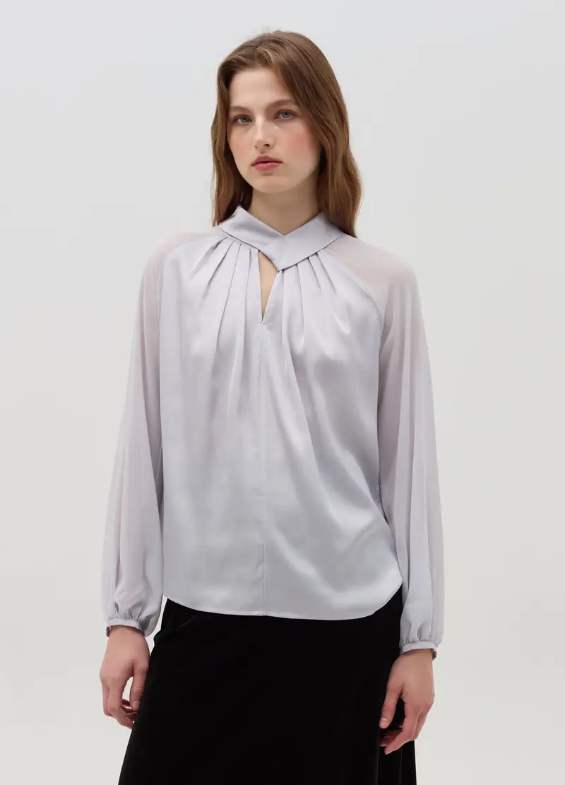 Blusa In Satin Con Maniche Raglan, Donna, Grigio miniatura 2