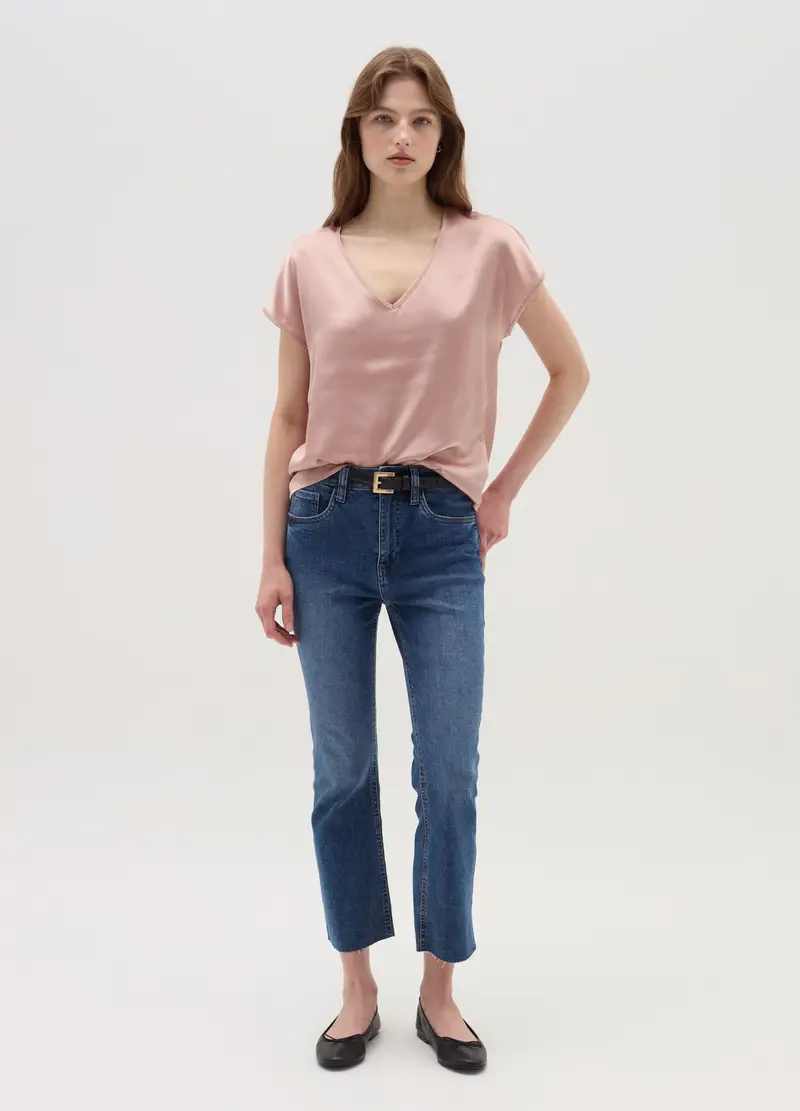 Blusa In Satin Con Scollo A V, Donna, Rosa miniatura 2