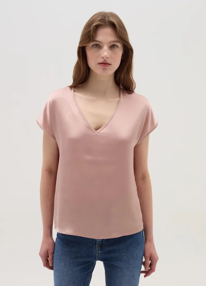 Blusa In Satin Con Scollo A V, Donna, Rosa miniatura 3
