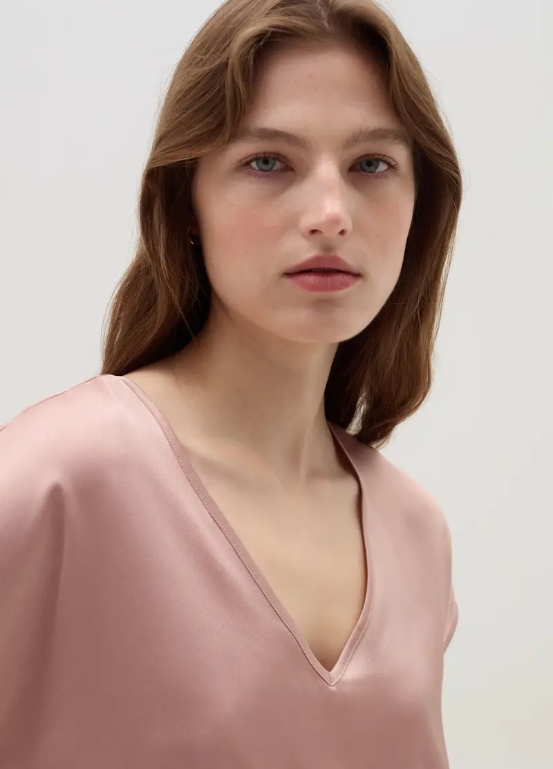 Blusa In Satin Con Scollo A V, Donna, Rosa