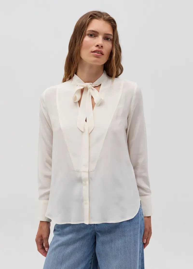 Blusa In Viscosa Con Foulard A Fiocco, Donna, Bianco miniatura 2