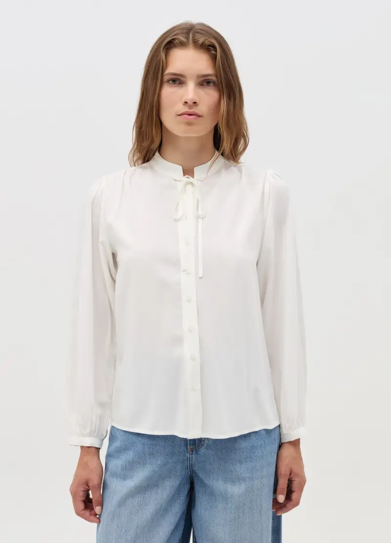 Blusa In Viscosa Con Foulard, Donna, Bianco miniatura 2