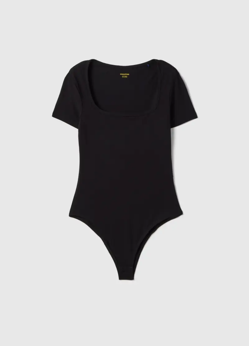 Body In Cotone Elasticizzato Nero Regular Fit Con Scollo Quadrato, Donna, Nero