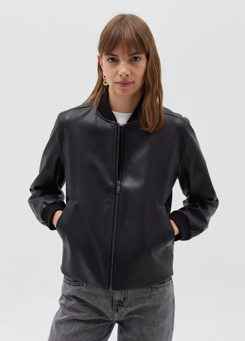 Bomber Effetto Lucido Con Zip, Donna, Nero miniatura 2