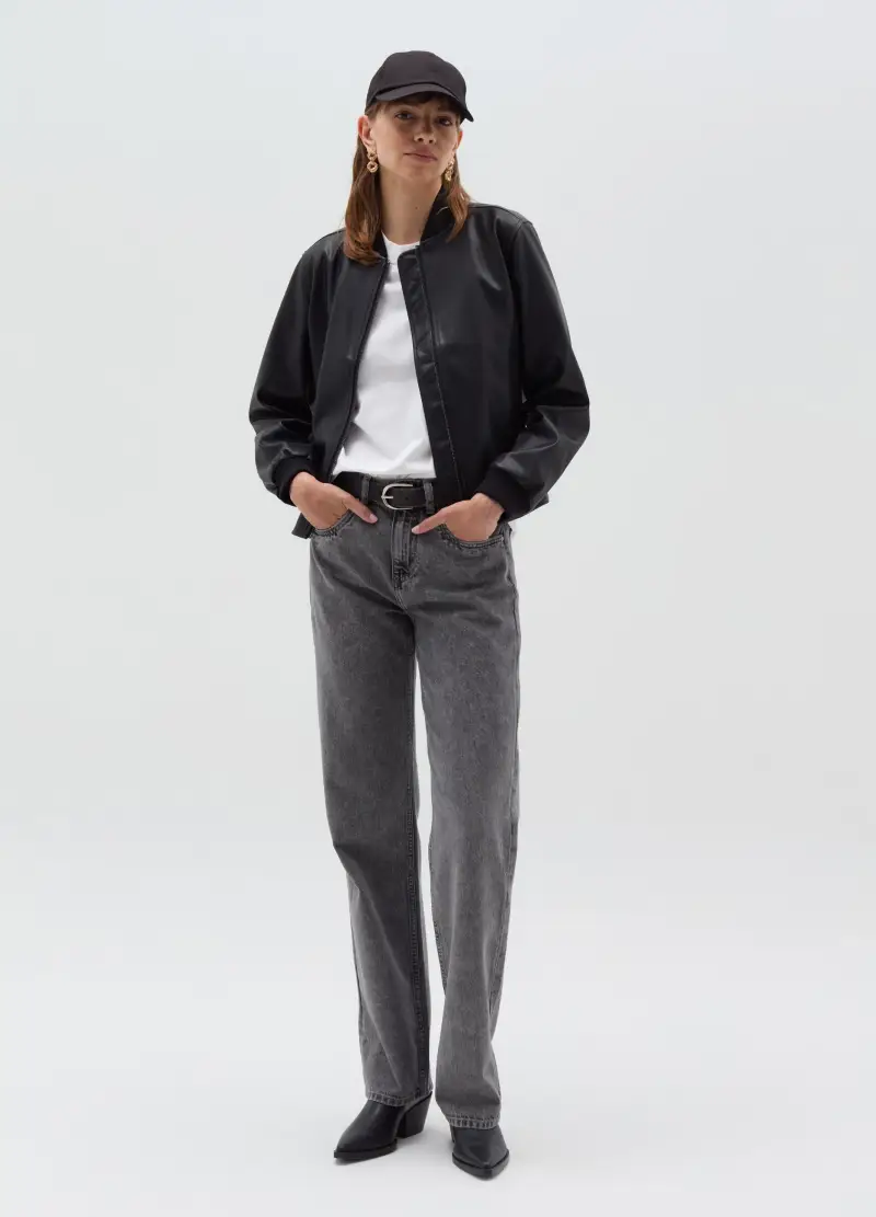 Bomber Effetto Lucido Con Zip, Donna, Nero