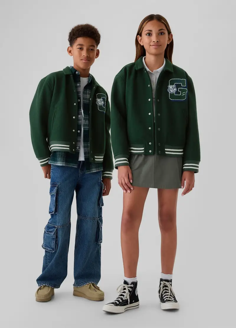 Bomber Varsity Con Applicazioni Bouclé, Bambino, Verde