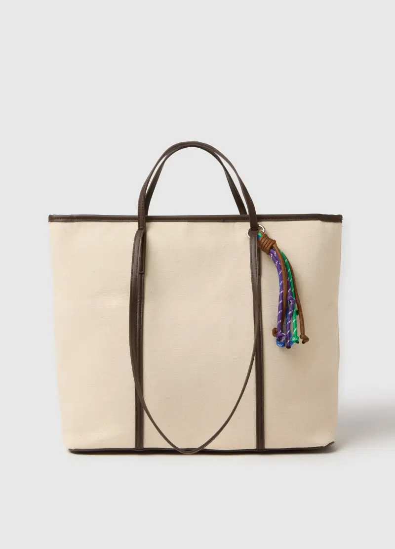 Borsa A Spalla In Puro Cotone Beige Con Manici Robusti, Donna, Beige