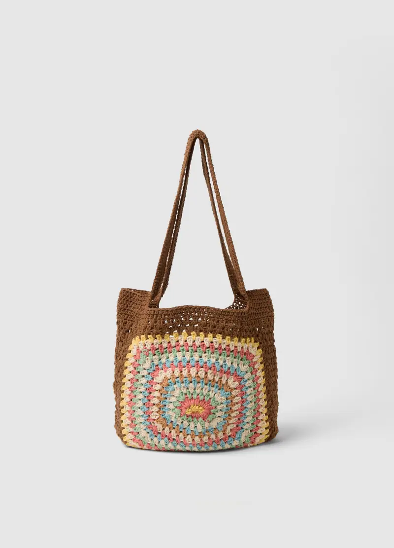 Borsa Da Spiaggia In Misto Cotone Multicolor Con Dettagli Crochet, Donna, Multicolor