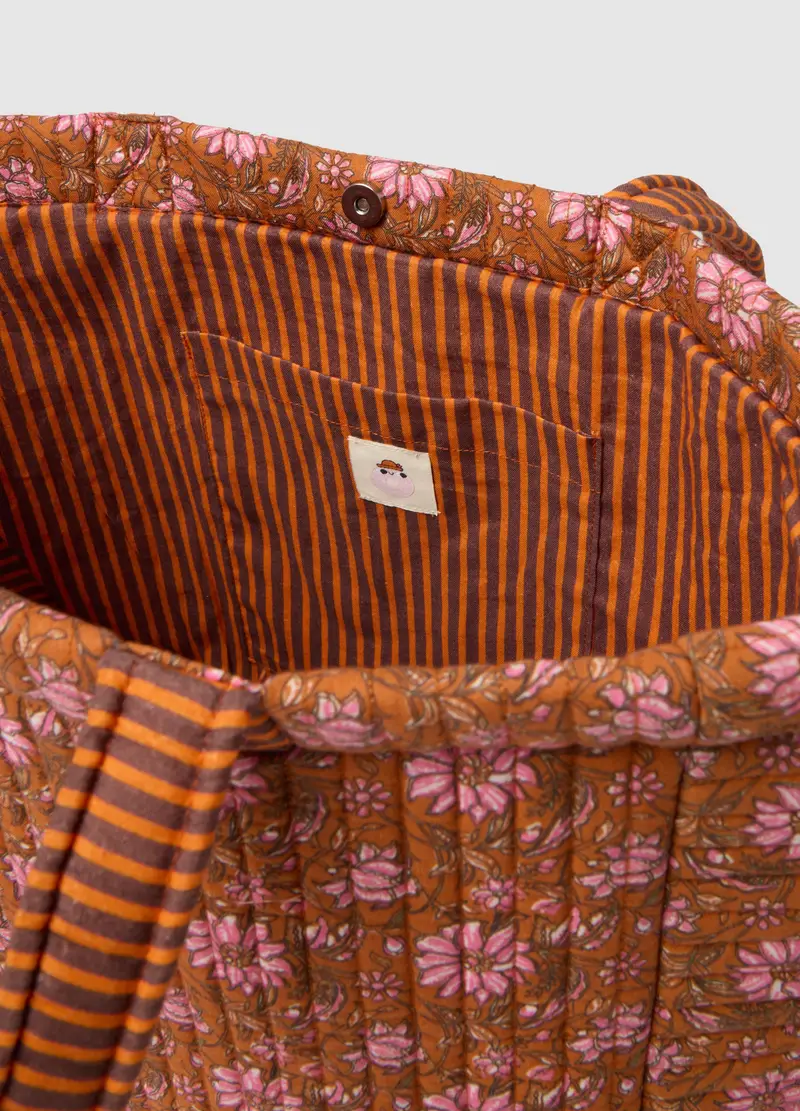 Borsa Da Spiaggia In Puro Cotone Multicolor Con Fantasia Floreale, Donna, Arancione miniatura 3